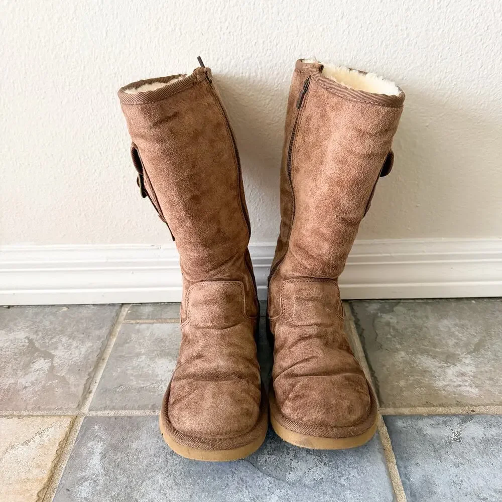 UGG Brown Shearling Tall Warm Winter Boots Buckle Pocket Women’s Size 6